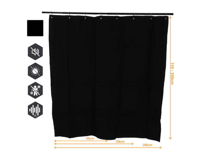 VB2GO SonicVoid 1300 - akustik vorhang (schalldämmung) 1300g/m2, 12mm Ösen, Gardinenstangenringe inklusive - Breite der Vorhänge: 200cm, Länge der Vorhänge: 230cm, Farbe der Vorhänge: Beide Seiten SCHWARZ