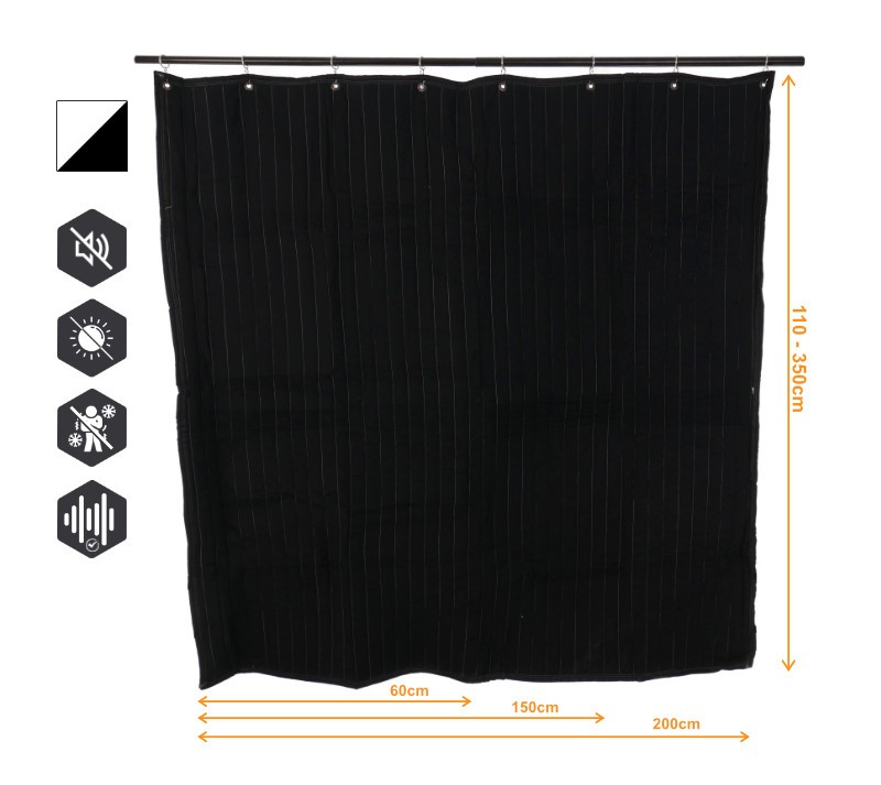 VB2GO SonicVoid 1300 - Acoustic curtain (soundproofing) 1300g/m2, 12mm grommets, curtain rod rings included - Width of curtains: 120cm, Length of curtains: 335cm, Color of curtains: Both sides BLACK